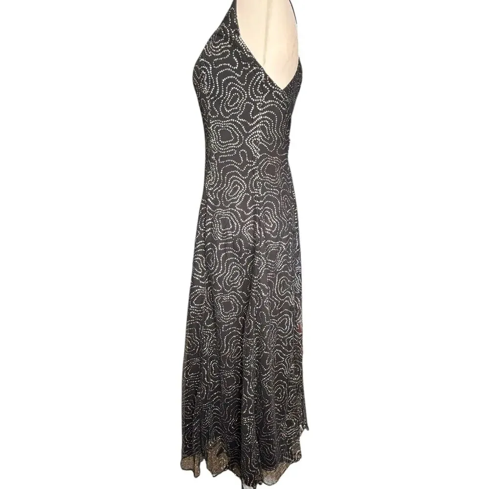 Vintage All That Jazz Black Mesh Rhinestone Maxi Dress Open Back Party Wedding